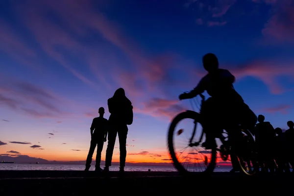 The Silhouettes are doing Activities on the Beach at Sunset — Stock Photo, Image