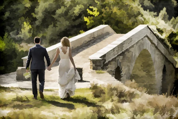 Rear view of Bride and groom walking toward a bridge. Artistic c — Φωτογραφία Αρχείου