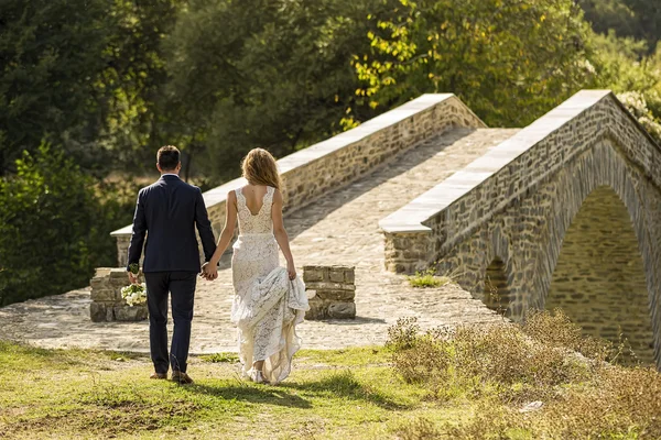 Πίσω όψη της νύφης και του γαμπρού περπατώντας προς μια γέφυρα. — Φωτογραφία Αρχείου