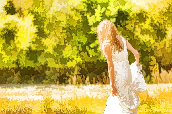 Rear view of Bride walking in the forest. Artistic cutout filter — Φωτογραφία Αρχείου
