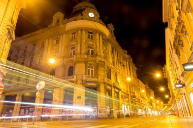 Tram trail in the streets of Zagreb at night in Zagreb, Croatia.