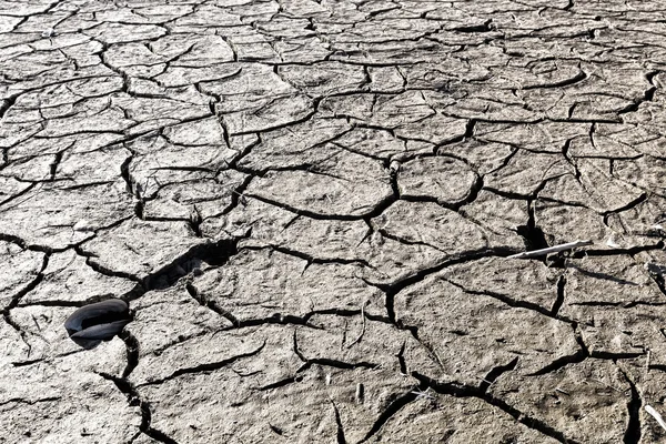 Dry lake bed with natural texture of cracked clay in perspective