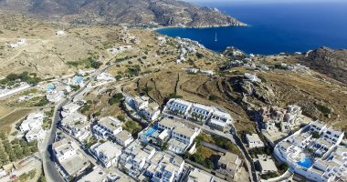 Chora şehrin havadan görünümü Ios Island, Cyclades, Ege, Yunanistan