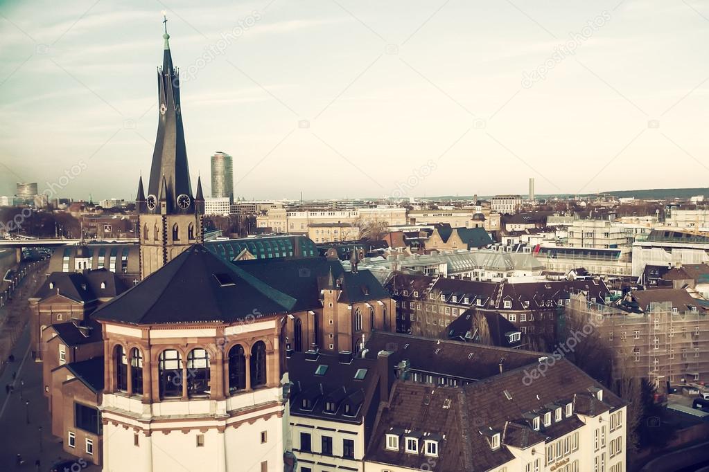 Overhead view of City Dusseldorf, Germany. Cross processed image