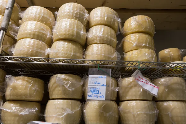İnek sütü peynir, ahşap raflar içinde depolanan ve olgun kişi bir — Stok fotoğraf