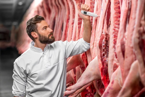 Açougueiro medindo carne de porco temprature — Fotografia de Stock