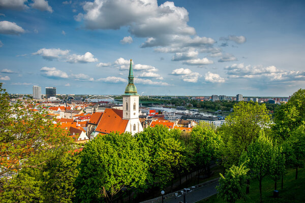 Bratislava cityscape view on the old town with Saint Martins cathedral from the castle hill in Slovakia