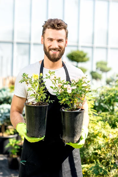 Gärtner mit einem Blumentopf — Stockfoto