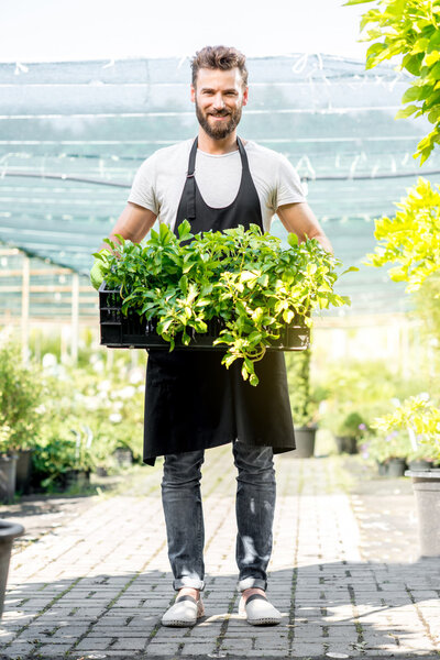 Садовник держит горшки с растениями
