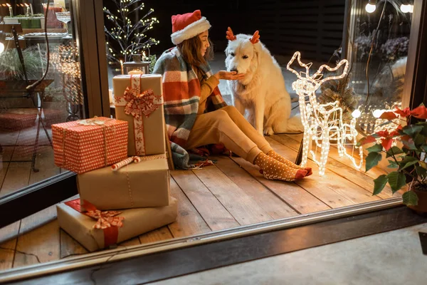 Mulher celebrando com o cão umas férias de Ano Novo em casa — Fotografia de Stock