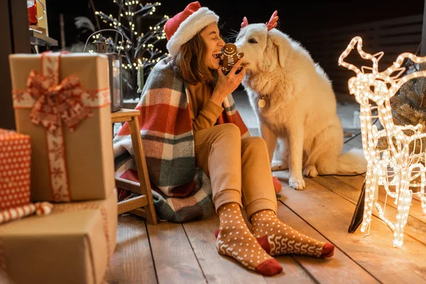 Mulher celebrando com o cão umas férias de Ano Novo em casa — Fotografia de Stock