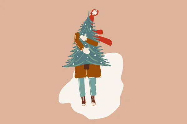Ilustração de uma mulher com uma árvore de Ano Novo — Vetor de Stock