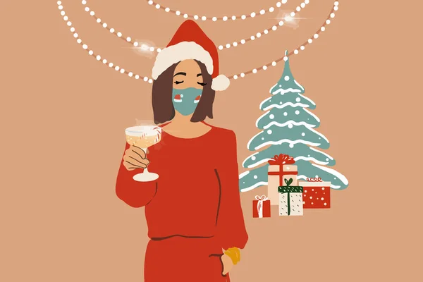 Ilustração de uma mulher celebrando feriados de Ano Novo sozinha —  Vetores de Stock