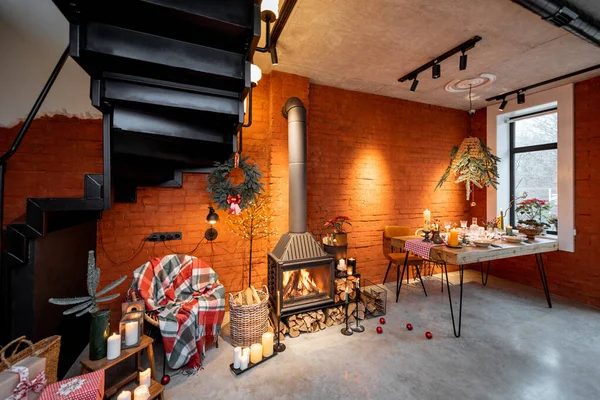Loft-style interior decorated for the New Year holidays