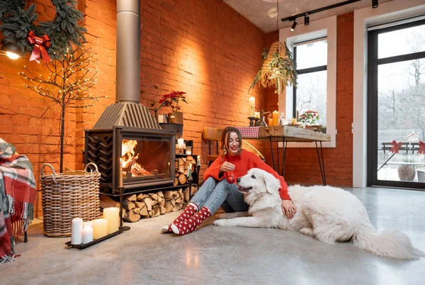 Mulher com cão durante as férias de Ano Novo em casa — Fotografia de Stock