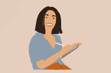 Dijital tablet üzerinde çalışan gülümseyen kadın portresi. Pastel tonlarda vektör illüstrasyonu