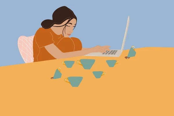 Mulher cansada trabalhando em laptop com um monte de xícaras de café em casa. Ilustração vetorial em tons pastel —  Vetores de Stock