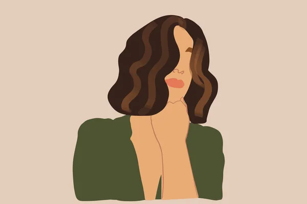 Retrato de mulher com cabelo encaracolado e mão perto do rosto. Ilustração vetorial em tons pastel — Vetor de Stock