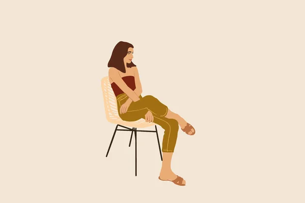 女性は椅子に座ってリラックスします。パステルトーンでベクトルイラスト — ストックベクタ