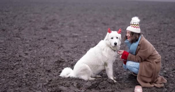 Szczęśliwa kobieta z psem na boisku — Wideo stockowe