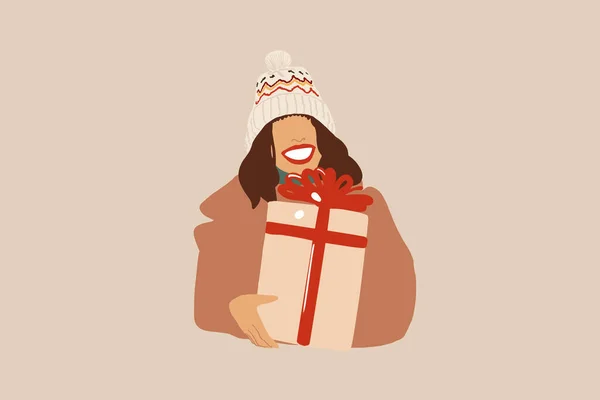 Woman with gift box smiling. Vector illustration in pastel tones. — Stock Vector