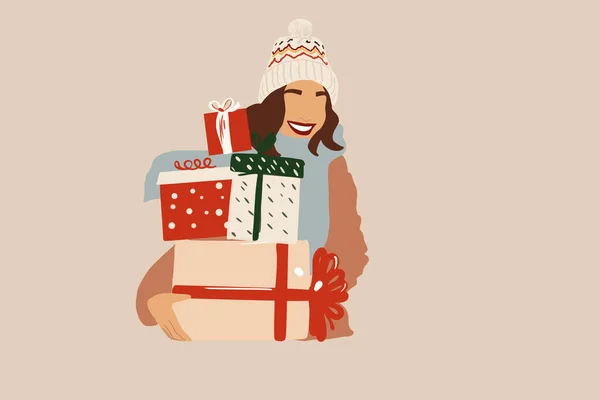 Женщина с подарочными коробками улыбается. Векторная иллюстрация в пастельных тонах. — стоковый вектор