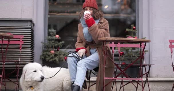 Kobieta z psem w kawiarni w zimie — Wideo stockowe