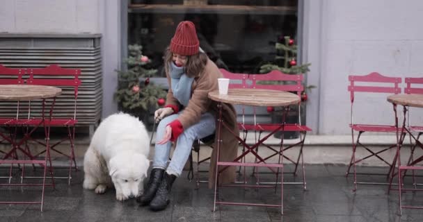 Mujer con su perro en el café en invierno — Vídeos de Stock