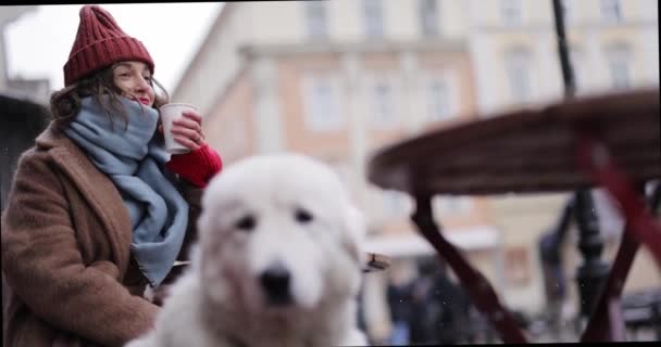 Женщина с собакой зимой в кафе — стоковое видео