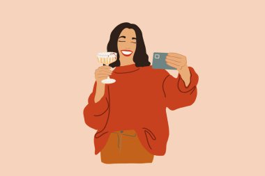 Şarap kadehli kadın selfie çekiyor. Pastel tonlarda vektör illüstrasyonu