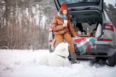Woman with her dog have a picnic in car trunk in winter forest clipart