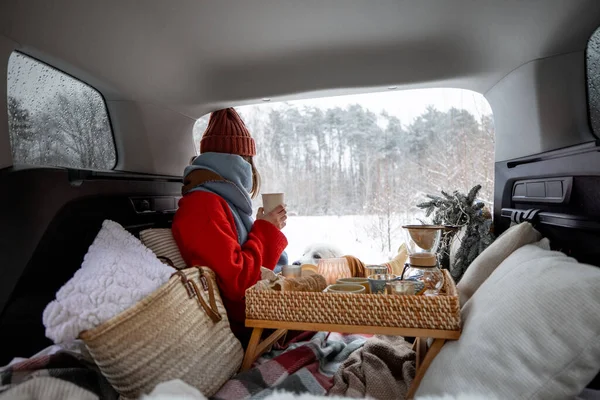 Donna con il suo cane fare un picnic in auto tronco nella foresta invernale — Foto Stock