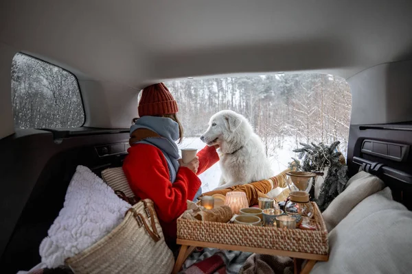 女人和她的狗在冬季森林的汽车行李箱里野餐 — 图库照片