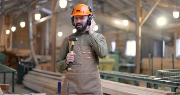 Lavoratore di falegnameria divertirsi in fabbrica — Video Stock
