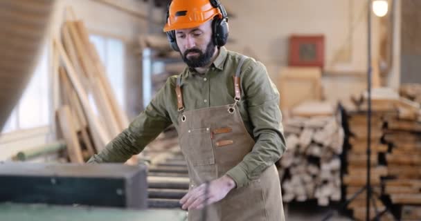 Trabajador en la fábrica de carpintería — Vídeos de Stock