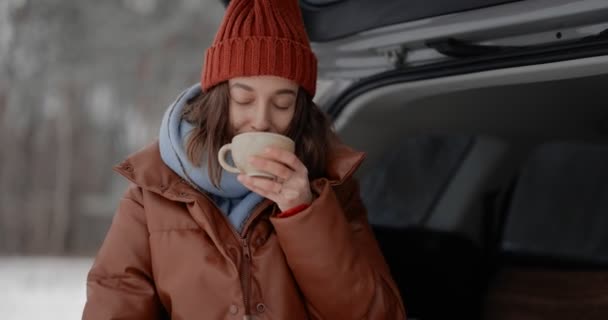 車のトランクの女性は、冬の時間に旅行 — ストック動画