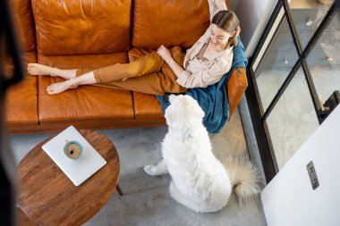 Evde bir köpekle kanepede oturan bir kadın..