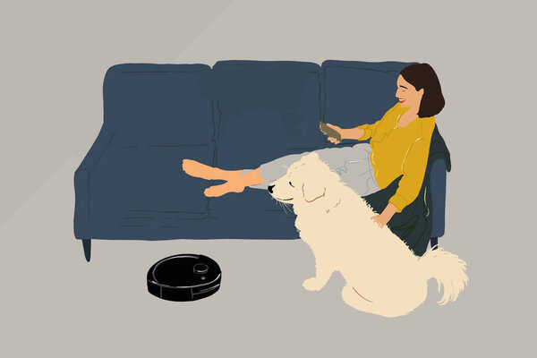 Woman sitting on the sofa at home with a dog. — Stock Vector