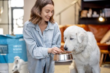 Kadın köpeği evde kuru yiyecekle besler.