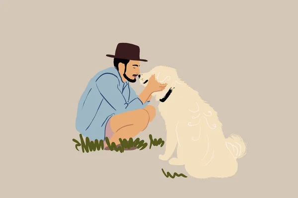 Hombre caminando con un gran perro blanco — Vector de stock