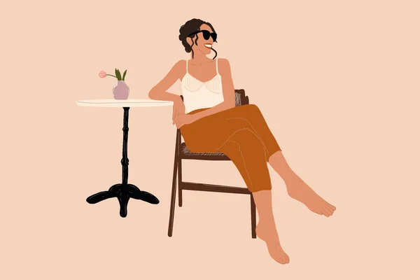 Woman sitting on the chair with coffee table — Stock Vector