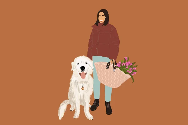 Femme marchant avec un gros chien blanc — Image vectorielle