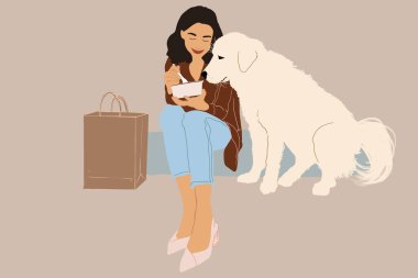 Kadınlar köpekle dışarıda öğle yemeği yer.