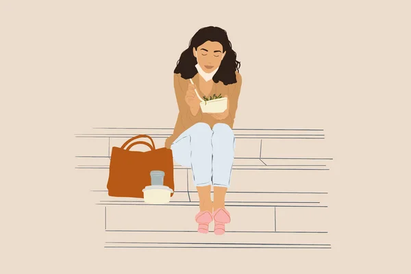 Hübsche Frau isst im Freien zu Mittag, während sie auf der Treppe sitzt — Stockvektor