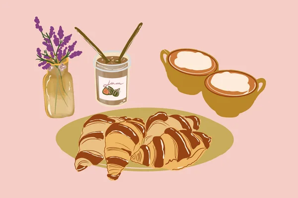 Croissanty s šálky kávy a marmelády — Stockový vektor