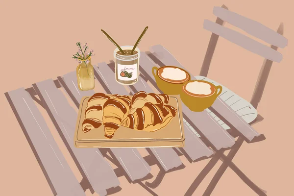 Croissanty s šálky kávy a marmelády — Stockový vektor