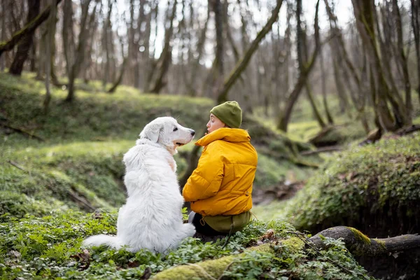 Jeune femme passer du temps avec le chien dans la forêt. — Photo