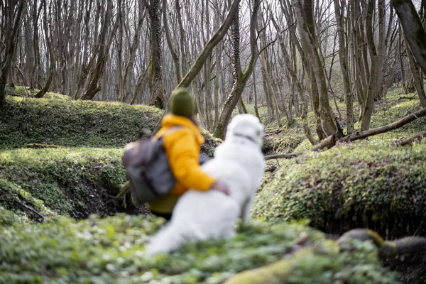 Mladá žena tráví čas se psem v lese. — Stock fotografie