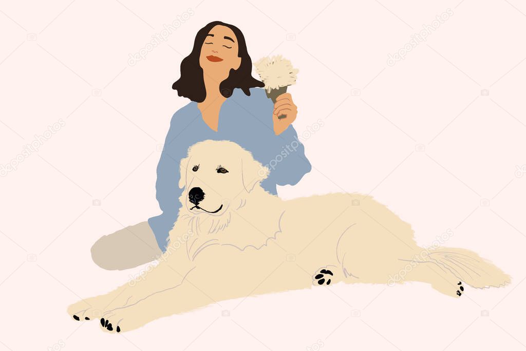 Woman grooming her big white dog at home with hairbrush.