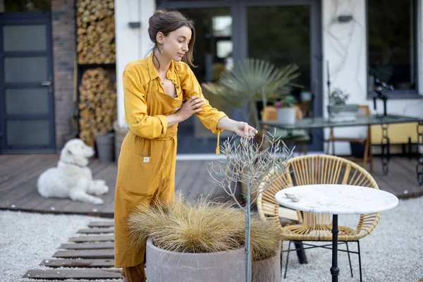 Alegre ama de casa en delantal jardinero cuida de las plantas — Foto de Stock